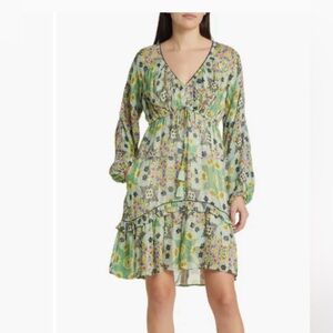 Floral Green V-Neck Tiered Mini Dress